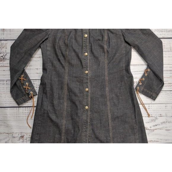 Escada Y2K Denim Suede Tassle Lace Up Back Turquoise Button Detail Dress Sz 42 - Picture 2 of 5